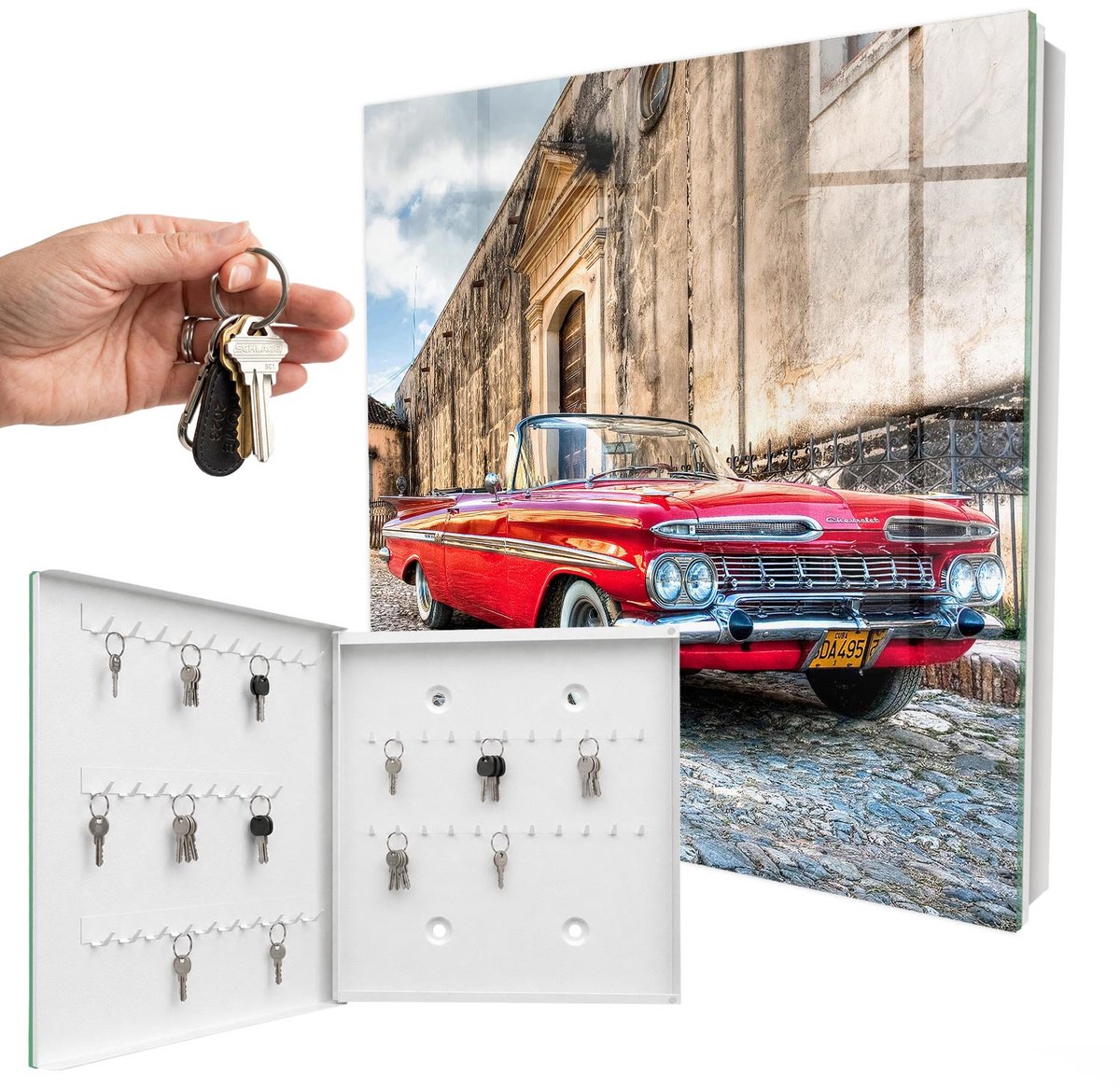 WallMuralia - Sleutelkast - 30x30x5 cm - met 50 haken - Retro Auto Sleutelkastje Landelijk - Rood Sleutelbox - Linksopenend - Wit interieur