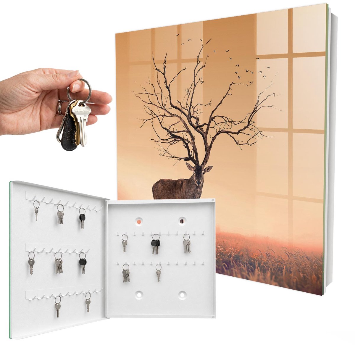 WallMuralia - Sleutelkast - 30x30x5 cm - met 50 haken - Magisch Hert Design Sleutelkastje - Oranje Sleutelbox - Linksopenend - Wit interieur