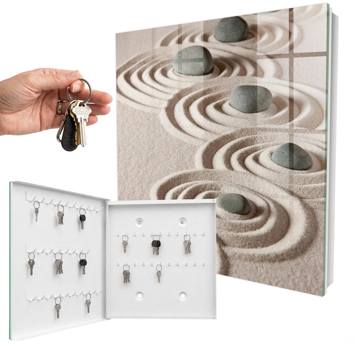 WallMuralia - Sleutelkast - 30x30x5 cm - met 50 haken - Zen-Vrede Leuk Sleutelkastje - Beige Sleutelbox - Linksopenend - Wit interieur