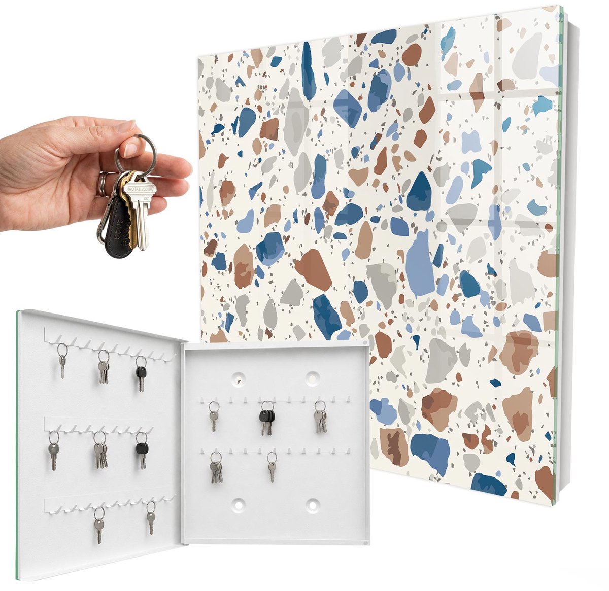 WallMuralia - Sleutelkast - 30x30x5 cm - met 50 haken - Mozaïek Van Steen Sleutelkastje Voor Binnen - Grijs Sleutelbox - Linksopenend - Wit interieur