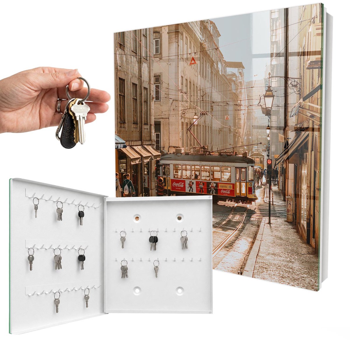 WallMuralia - Sleutelkast - 30x30x5 cm - met 50 haken - Stadsochtend Sleutelkastje - Beige Sleutelbox - Linksopenend - Wit interieur