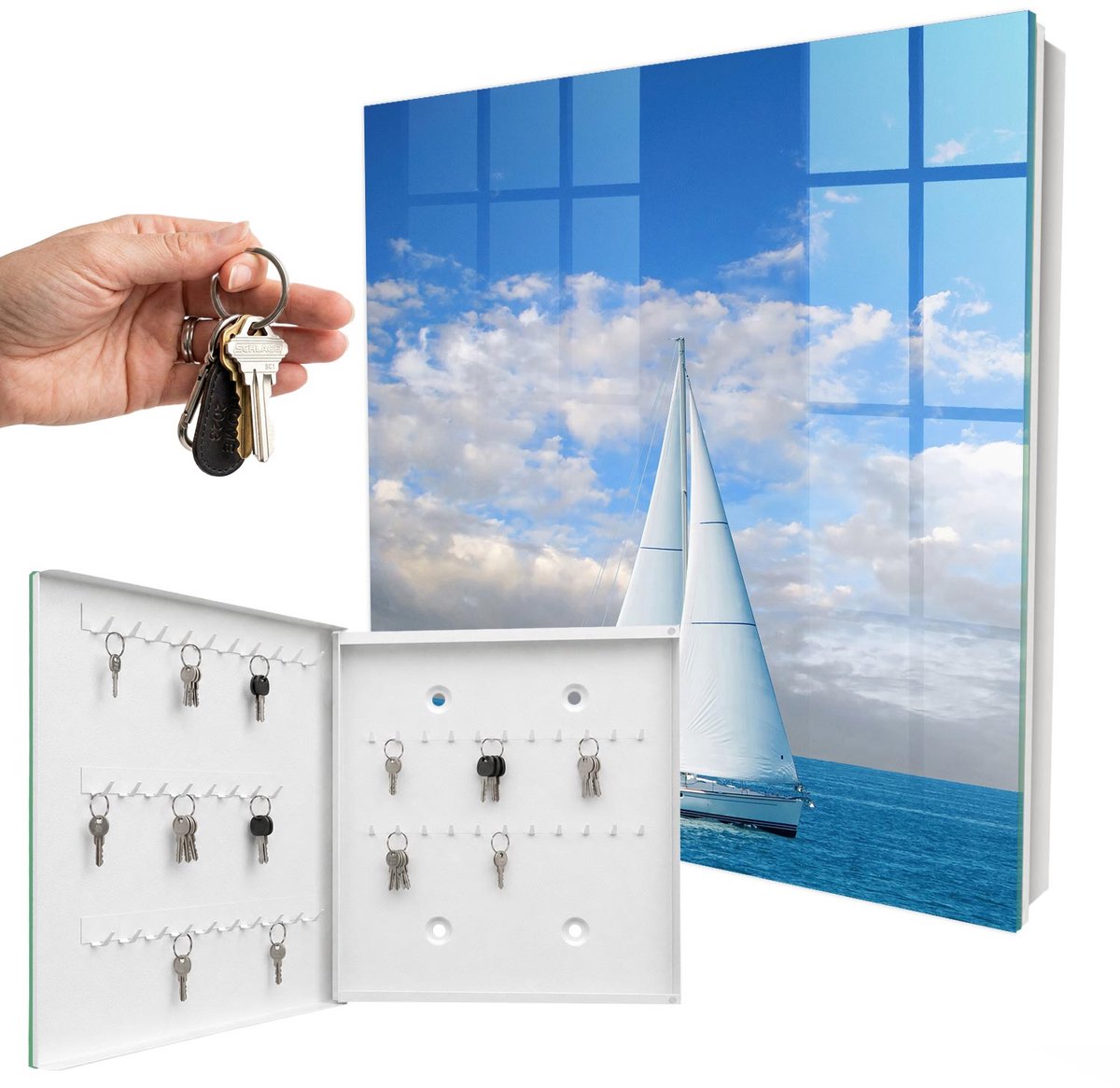 WallMuralia - Sleutelkast - 30x30x5 cm - met 50 haken - Zeeavontuur Sleutelkastje Industrieel - Blauw Sleutelbox - Linksopenend - Wit interieur