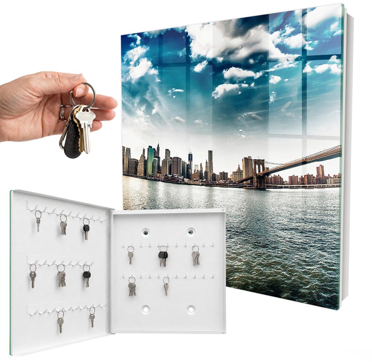 WallMuralia - Sleutelkast - 30x30x5 cm - met 50 haken - Stadspanorama Sleutelkastje Industrieel - Blauw Sleutelbox - Linksopenend - Wit interieur