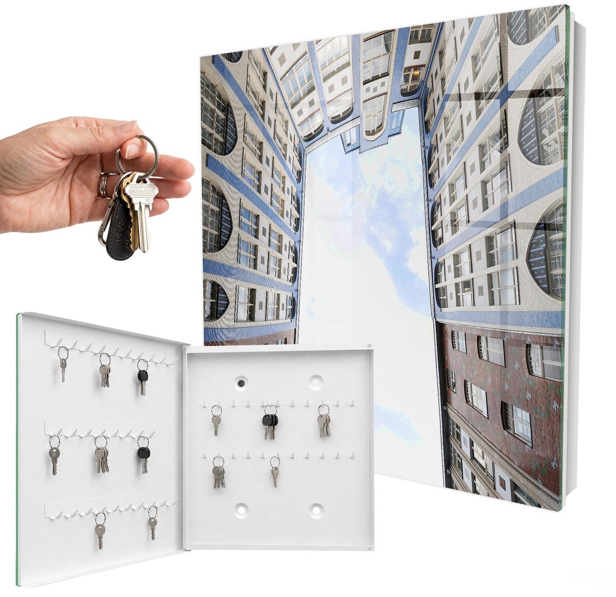 WallMuralia - Sleutelkast - 30x30x5 cm - met 50 haken - Moderne Architectuur Sleutelkastje Huis - Wit Sleutelbox - Linksopenend - Wit interieur