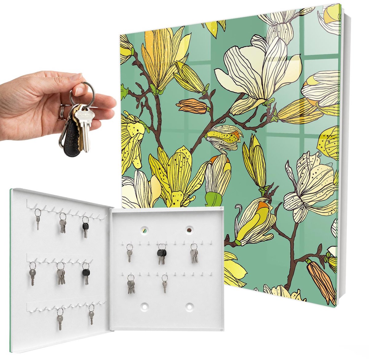 WallMuralia - Sleutelkast - 30x30x5 cm - met 50 haken - Levende Natuur Sleutelkastje Gang - Groente Sleutelbox - Linksopenend - Wit interieur