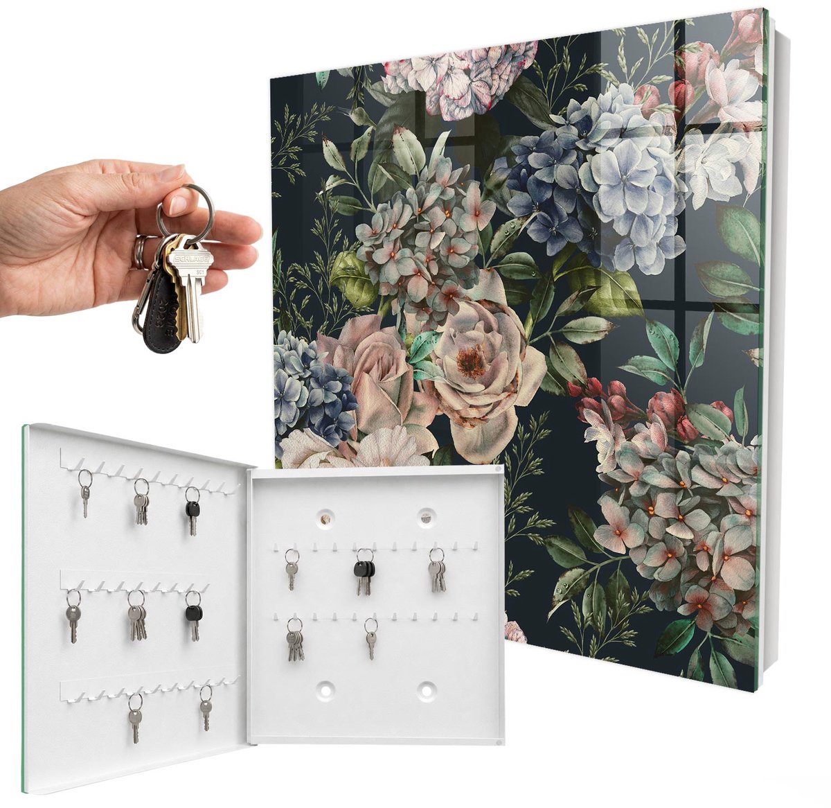 WallMuralia - Sleutelkast - 30x30x5 cm - met 50 haken - Bloemenpatroon Design Sleutelkastje - Groente Sleutelbox - Linksopenend - Wit interieur