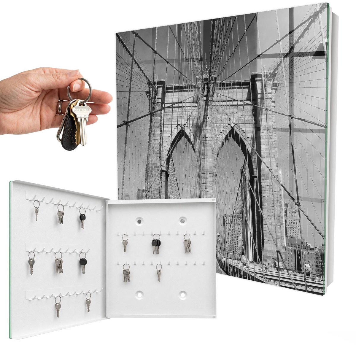 WallMuralia - Sleutelkast - 30x30x5 cm - met 50 haken - Iconische Brug Sleutelkastje Klein - Zwart-Wit Sleutelbox - Linksopenend - Wit interieur