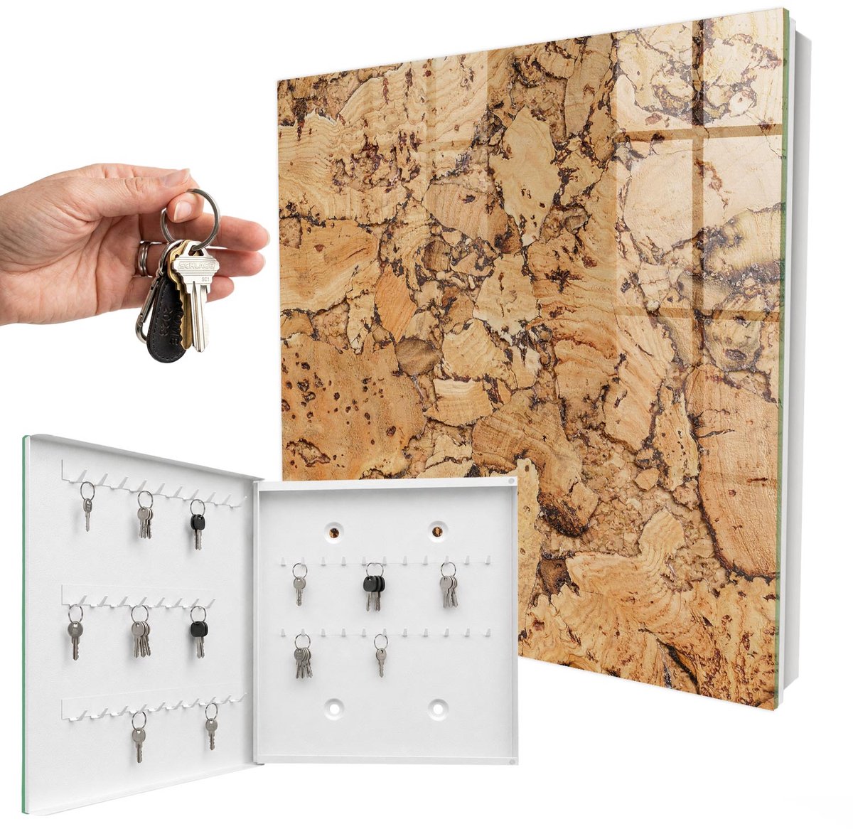 WallMuralia - Sleutelkast - 30x30x5 cm - met 50 haken - Kurk Natuur Sleutelkastje Hal - Bruin Sleutelbox - Linksopenend - Wit interieur