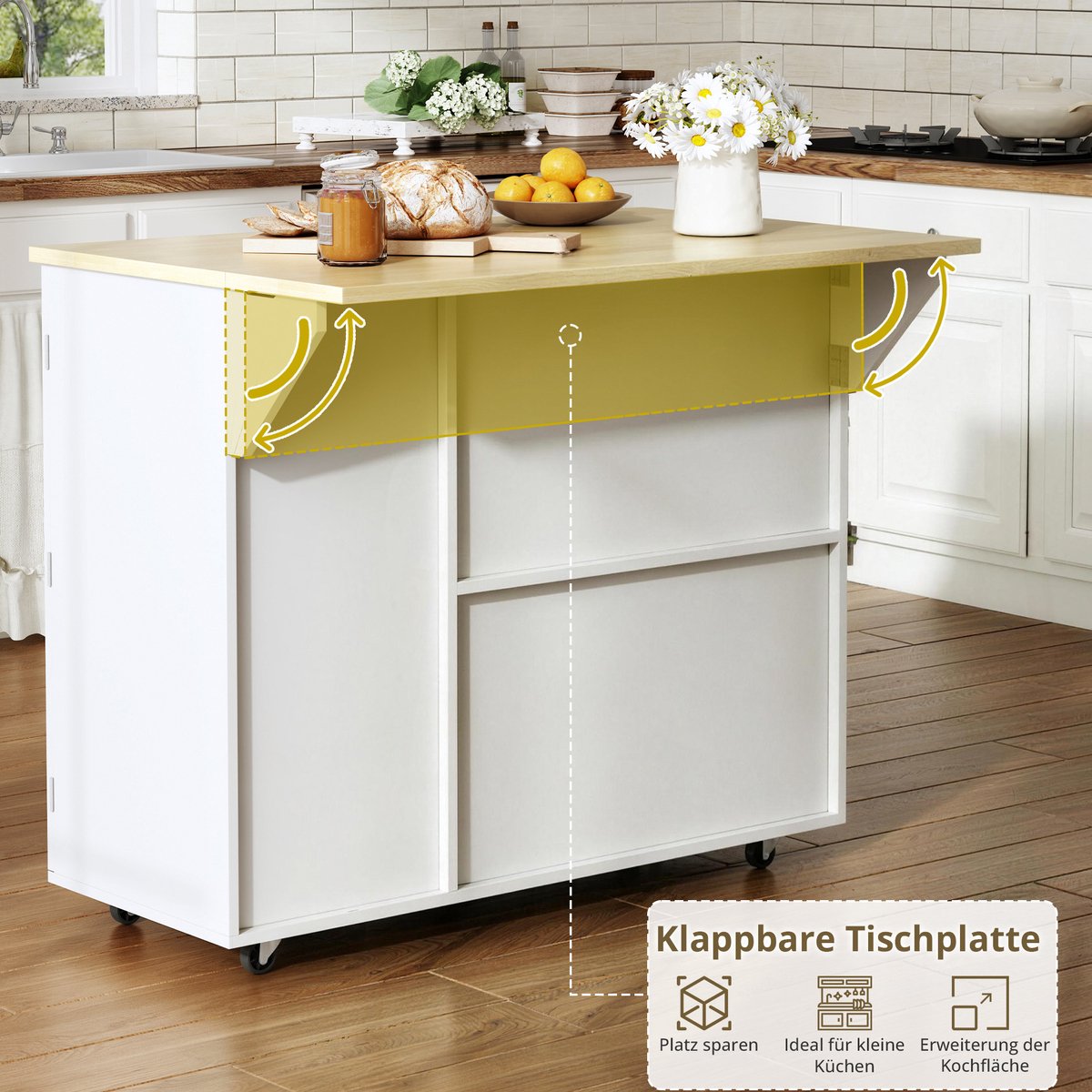 MIVRAY Keukenkast - Mobiel Keukeneiland Met Klapbaar Werkblad En Lades - Voor Keuken En Eethoek - MDF - Natuurlijk Wit - 104x69x89 Cm
