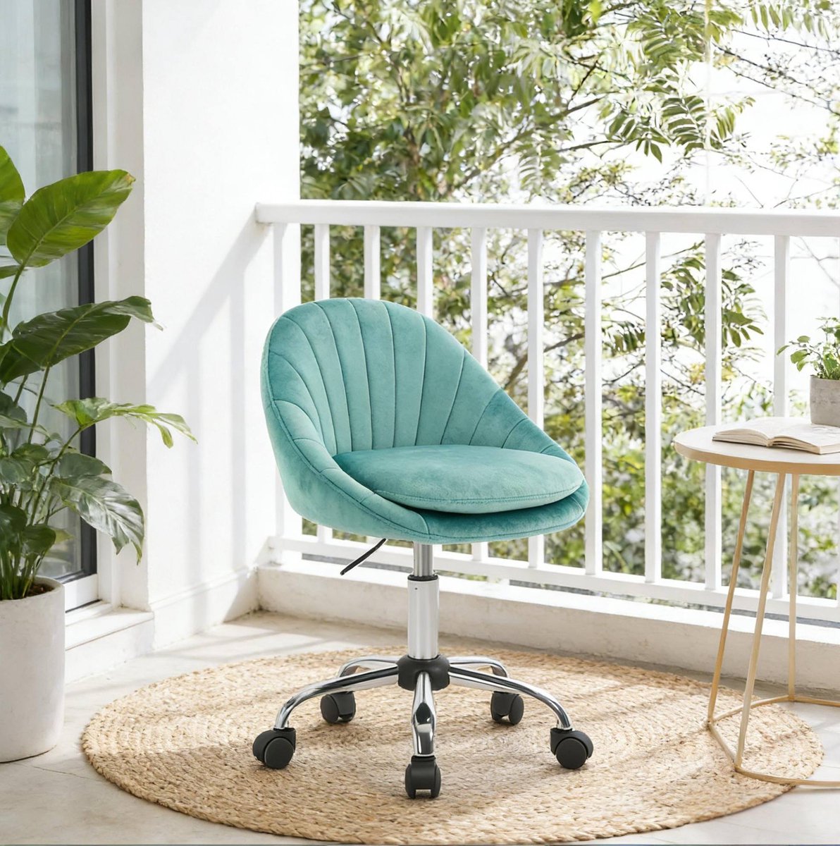 REDOM - Bureaustoel - Ergonomische rugleuning - 360° draaibaar en hoogteverstelbaar - Met wielen - Zonder armleuningen - Samt en metaal - Turquoise - 52 x 72-82 x 52 cm