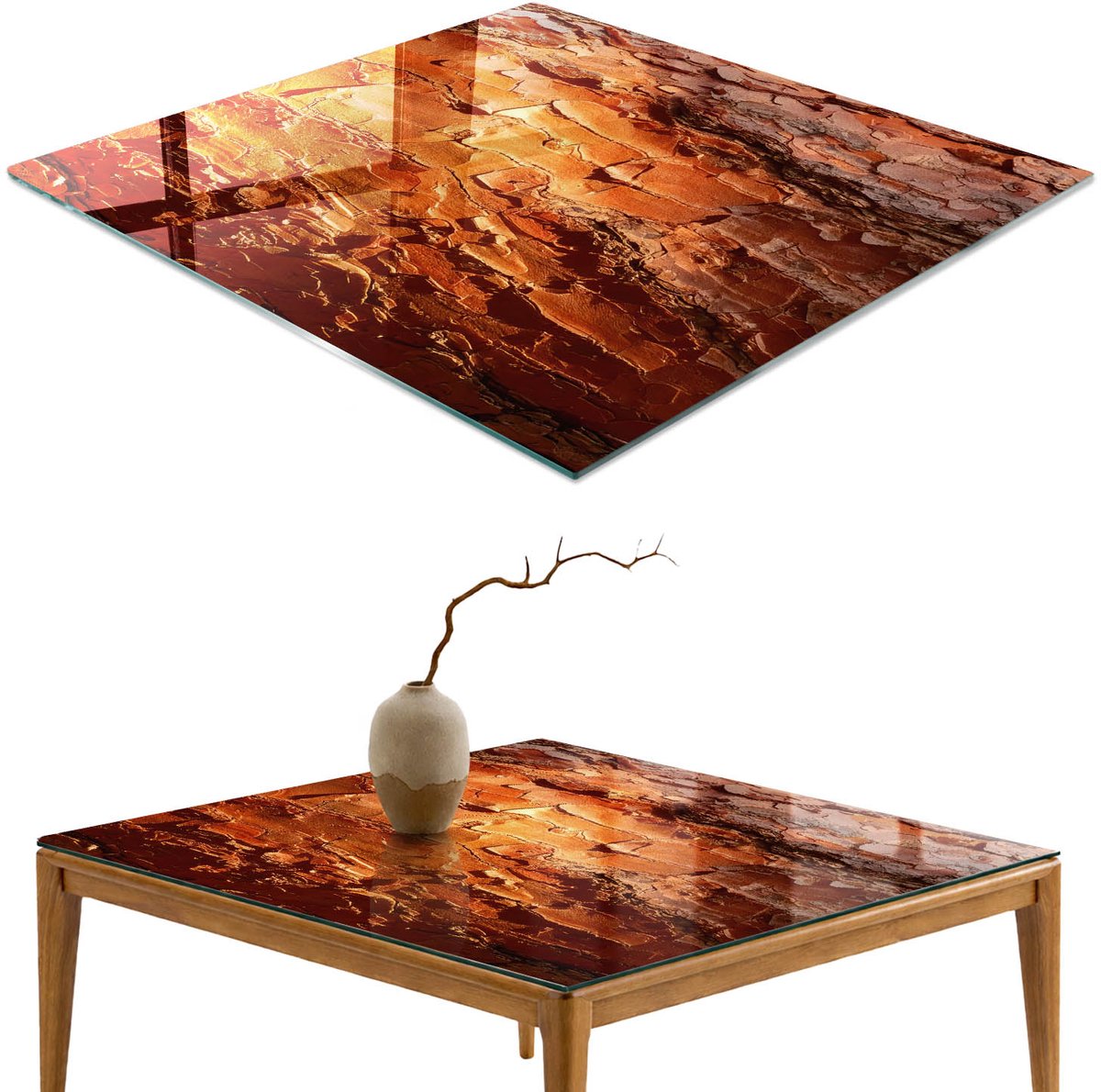ArtPrintCave Boomtextuur Glazen Tafelblad 60x60 cm - Tafelblad Rechthoek - Oranje Terrastafel - Natuur Bureaublad