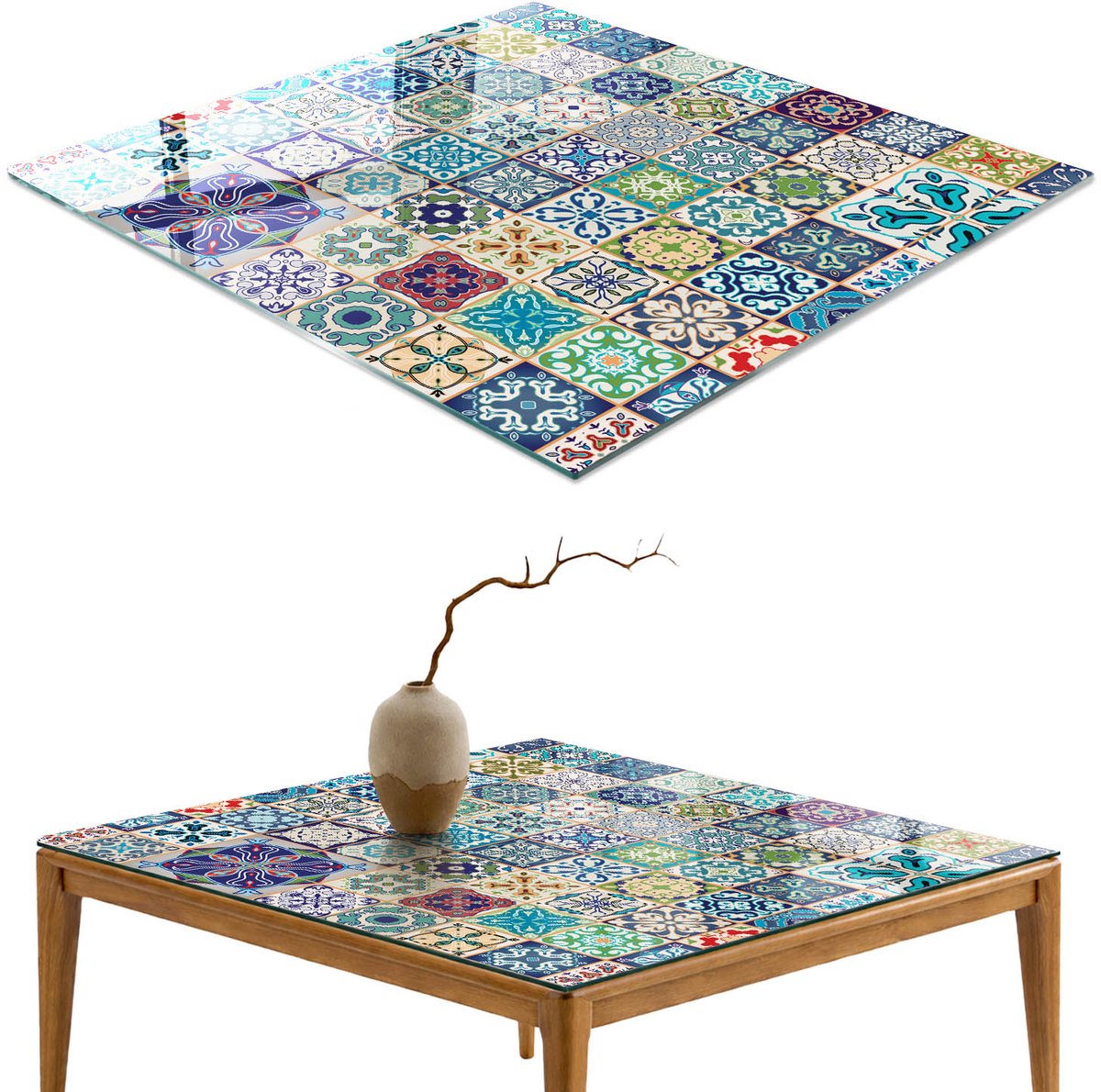 ArtPrintCave Kleurrijke mozaïeken Glazen Tafelblad 60x60 cm - Tafelblad Rechthoek - Blauw Glazen Eettafel - Achtergronden en patronen Glazen Eettafel