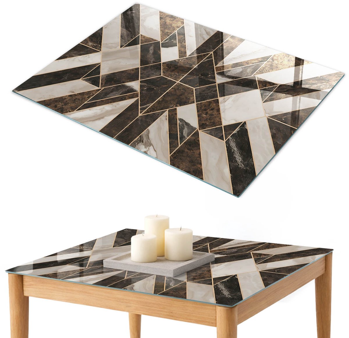 ArtPrintCave Stijlvol mozaïek Glazen Tafelblad 100x70 cm - Tafelblad Rechthoek - Bruin Glasplaat - Geometrie Glasplaat