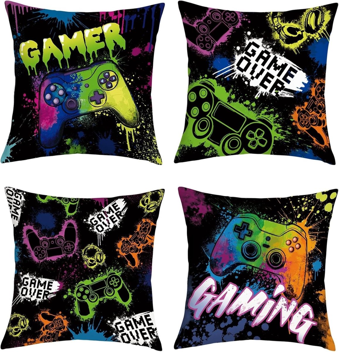 Set van 4 Gaming Kussenslopen voor de Gamekamer - 18 x 18 cm - Perfect voor Gamers en Cosplay