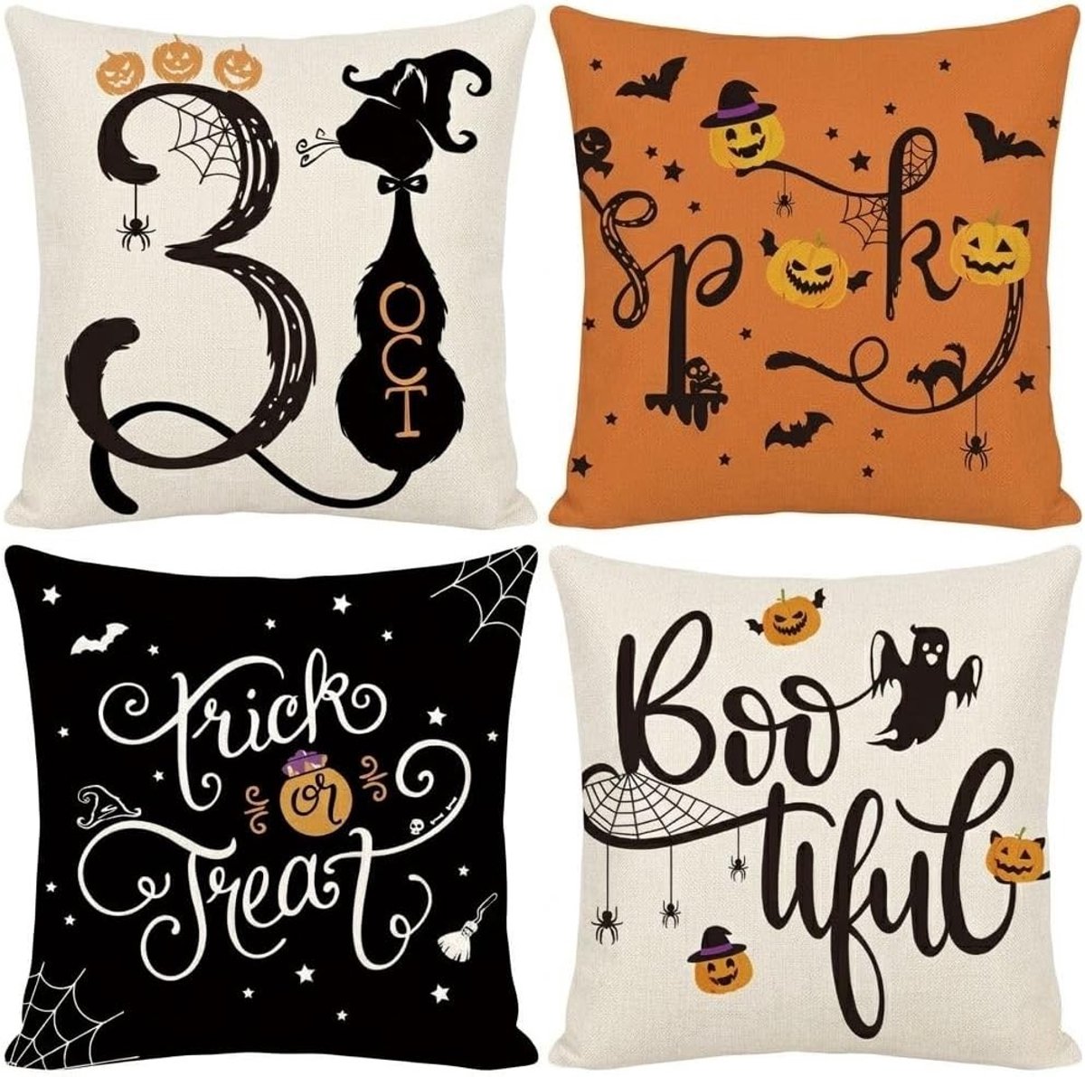 Set van 4 Halloween kussenslopen 45x45 cm - Vintage pompoen en belettering, Perfect voor sfeervolle decoratie en cozy farmhouse stijl