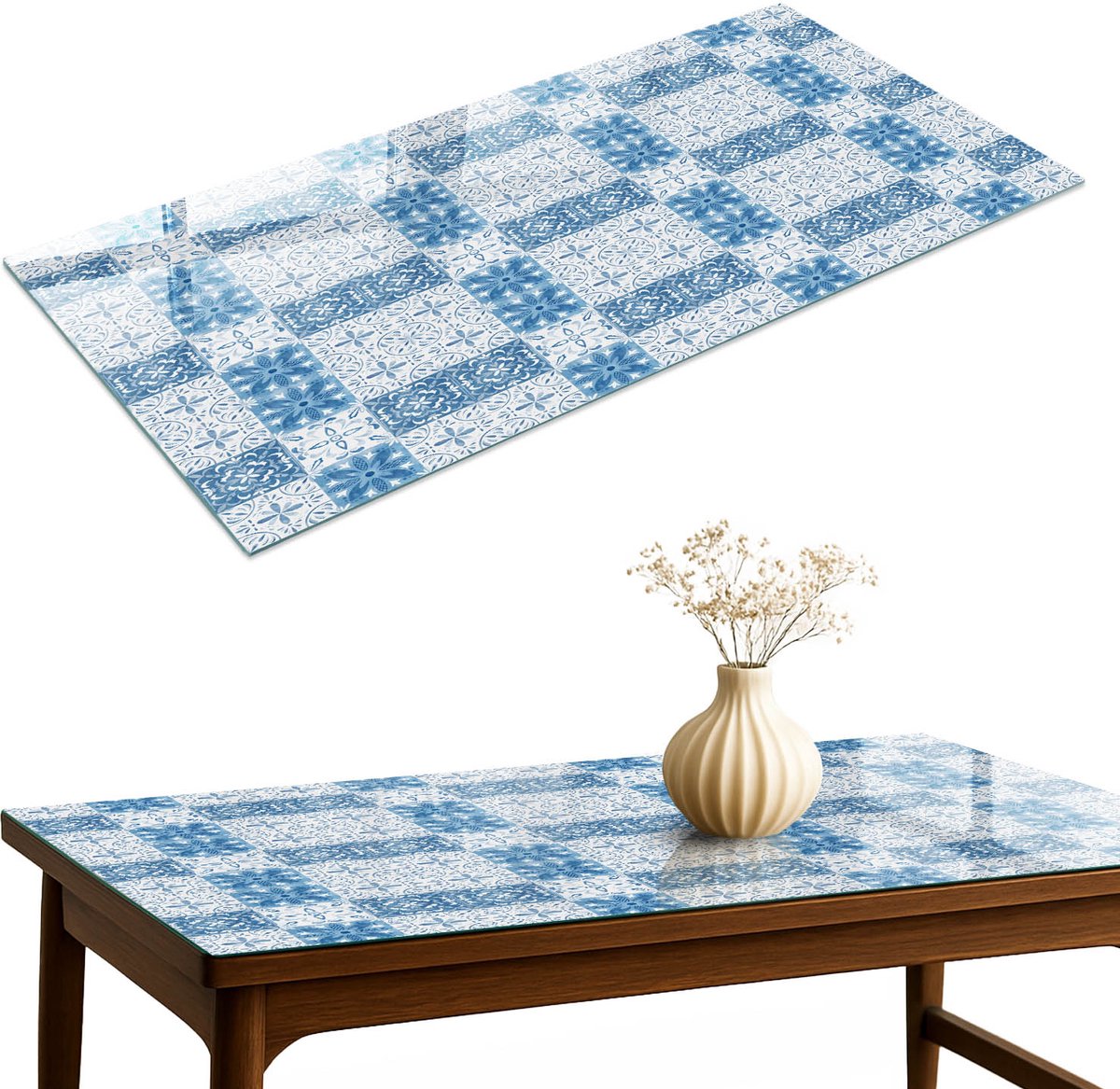ArtPrintCave Mozaïekpatroon Glazen Tafelblad 120x60 cm - Tafelblad Rechthoek - Blauw Keukentafel - Achtergronden en patronen Terrastafel
