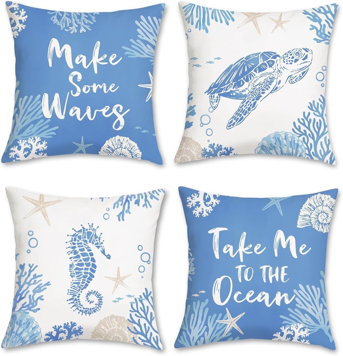 Decoratieve Kussenslopen 45 x 45 cm - Set van 4 met Zee Schildpad en Zeepaardje in Blauw Velvet voor Sofa en Thuisdecoratie