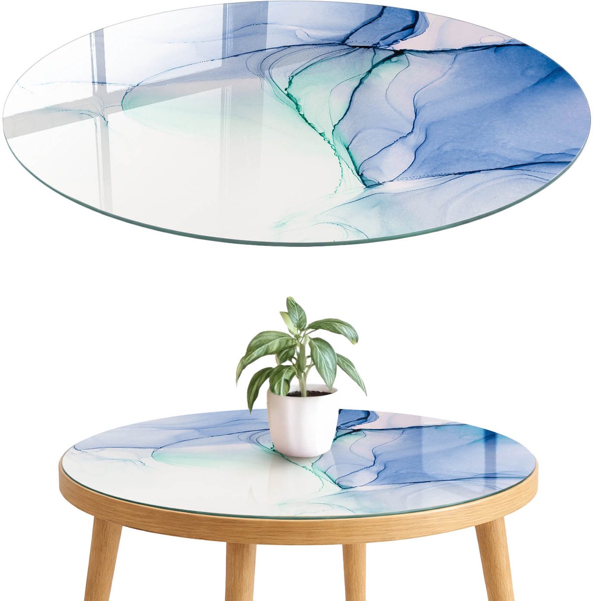 ArtPrintCave Kleurrijke golven Glazen Tafelblad fi70 cm - Tafelblad Rond - Blauw Glasplaat - Abstractie Keukentafel