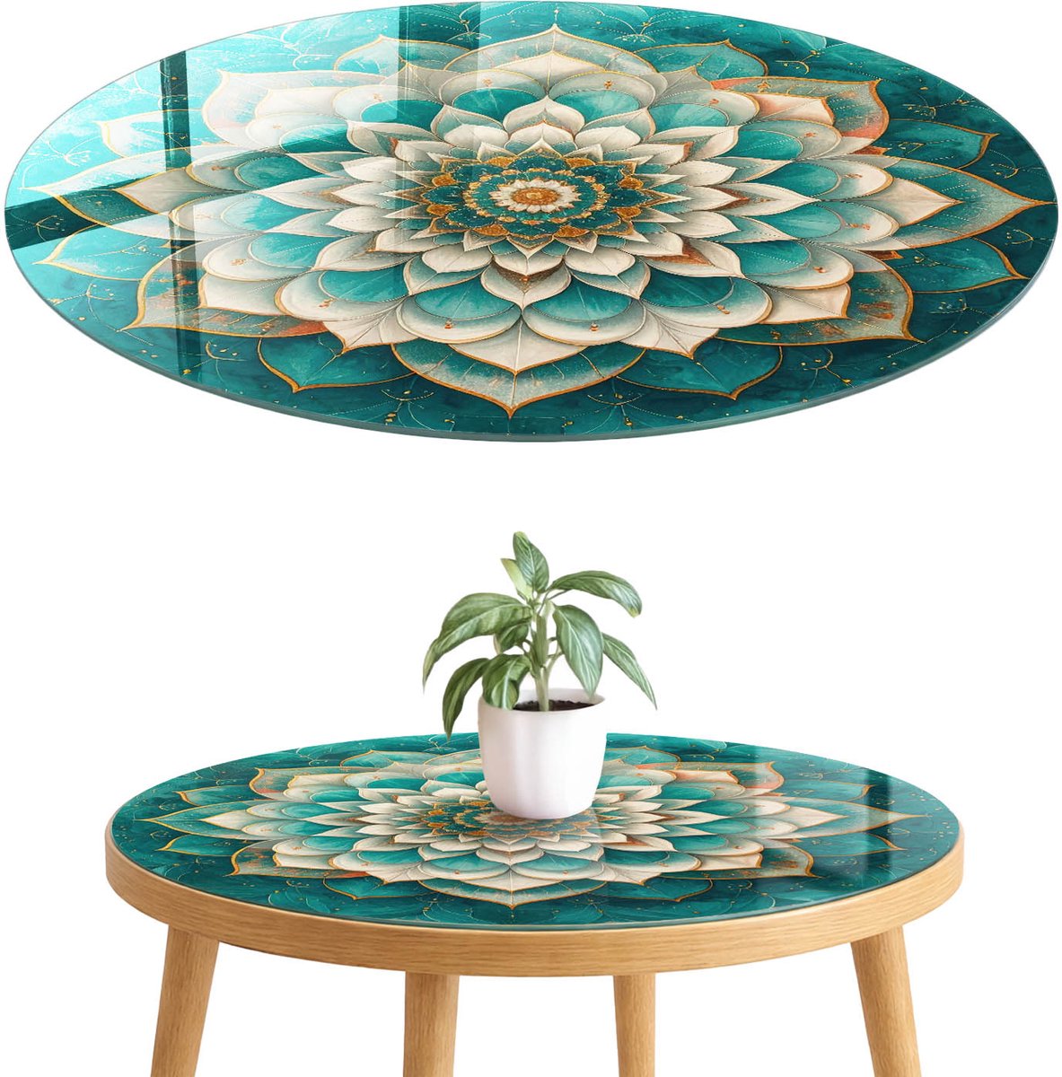 ArtPrintCave Symmetrische mandala Glazen Tafelblad fi70 cm - Tafelblad Rond - Turkoois Glazen Eettafel - Abstractie Tafelblad Glas