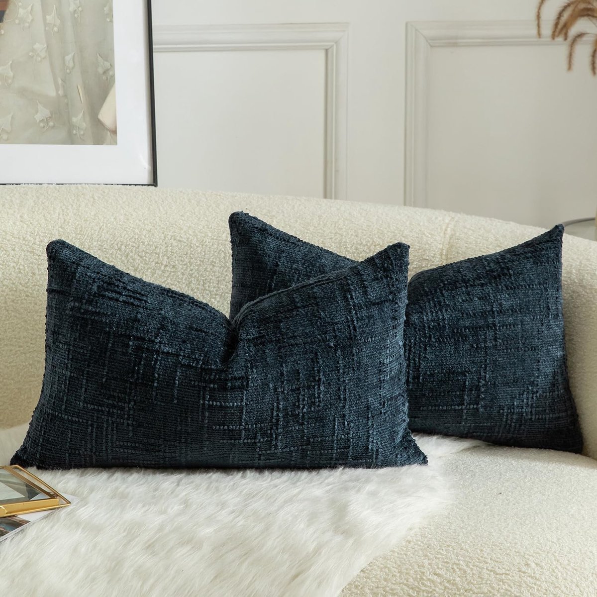 Set van 2 Zachte Chenille Kussenslopen met Textuur voor Lumbar Accent - Decoratieve Kussens voor Bank en Slaapkamer 30 x 50 cm Donkerblauw