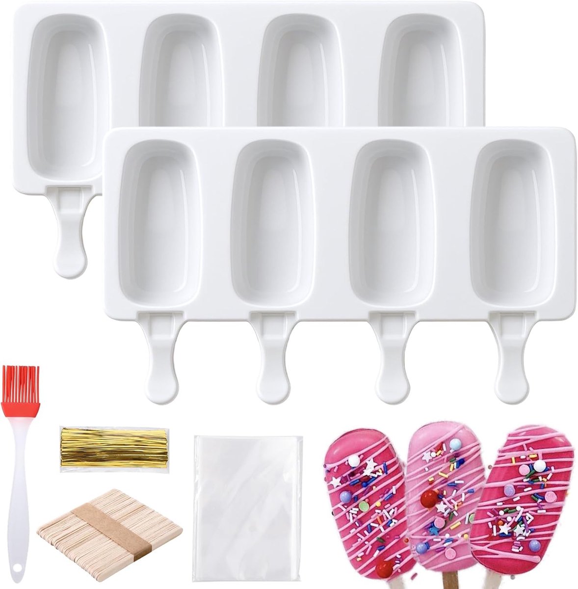 SnelShoppen - Cakesicle Vorm Silicone 2 Stuks Set IJsjes Cake Pop Maker met Houten Stokken en Tassen Bakvorm Silicone voor Lollipop Dessert Wit