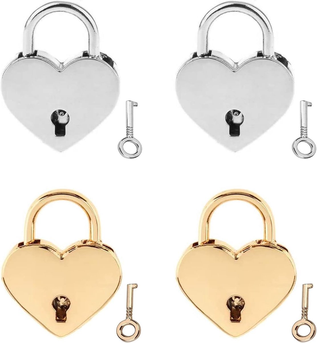 SnelShoppen - 4 Stuks Mini Hartvormige Hangslotjes, Metaal Padlock, Alloy Hart Slot met Sleutels voor Bagage, Dagboek, Boek, Sieraden Doos (Zilver & G