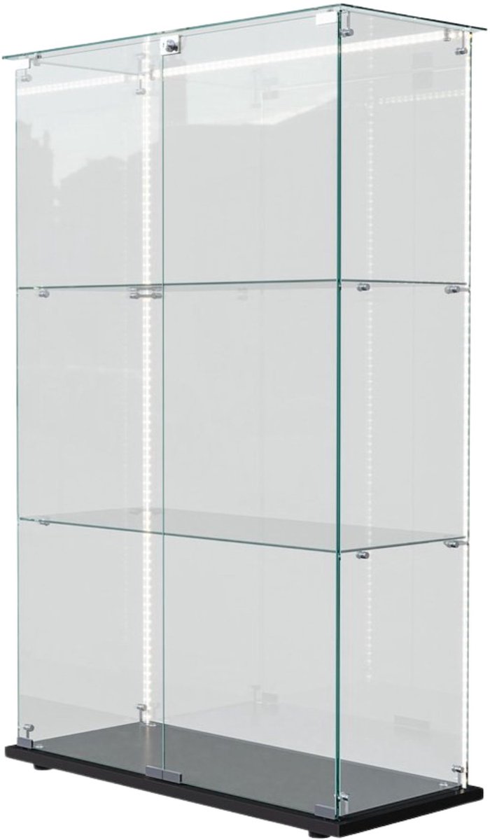 Glazen Vitrinekast Wit / Zwart - Displaykast met LED Verlichting, Slot, 2 Deuren, Glazen Planken