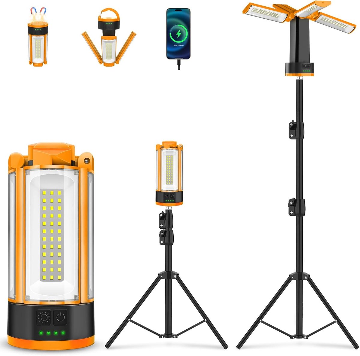 SnelShoppen - T-SUN LED Bouwprojector Oplaadbaar met Statief, Meerdere Modussen, Werklicht, Verstelbaar 10400 mAh, Campinglamp met 4 Koppen, Staande S