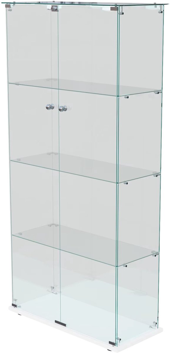 Glazen Vitrinekast Wit / Zwart - Displaykast met LED Verlichting, Slot, 2 Deuren, Glazen Planken