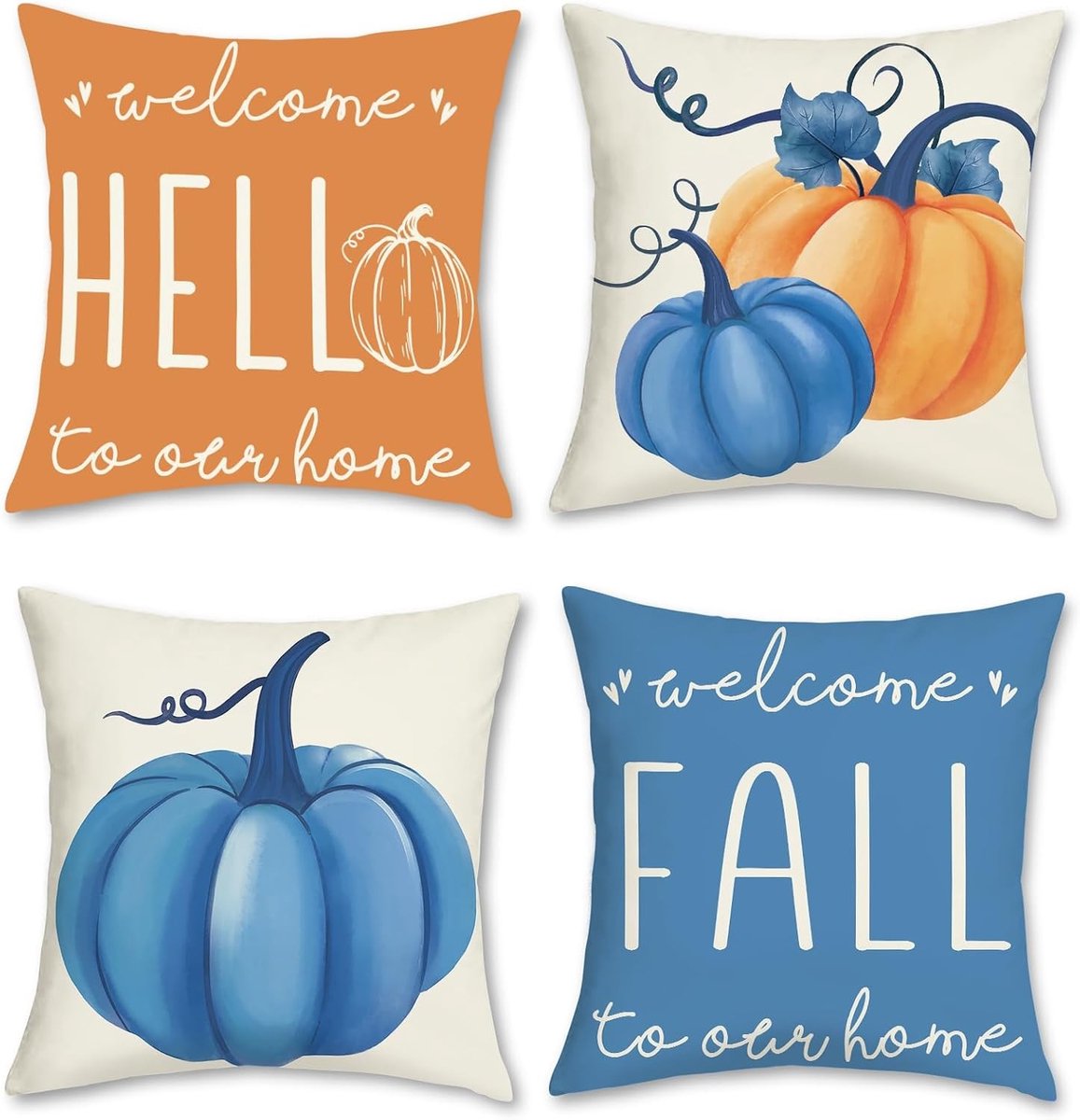 Herfst Pompoen Kussenhoezen in Oranje en Blauw | Zachte Velours Decoratieve Kussens voor Sofa, Bed en Tuin | Set van 4, 45x45cm