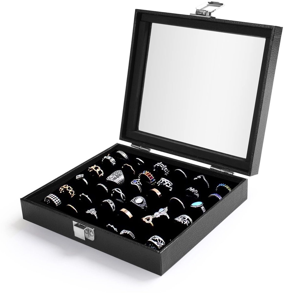 Omgoods - Transparante Sieraden Opbergdoos - 36 Slots Voor Ringen en Oorbellen (Zwart)