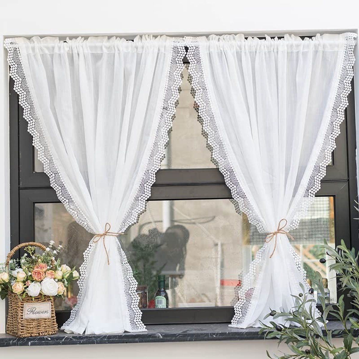 Omgoods - Linnen Look Sheer Gordijnen met Franse Kant - 1 Stuk - 150 x 160 cm - Wit