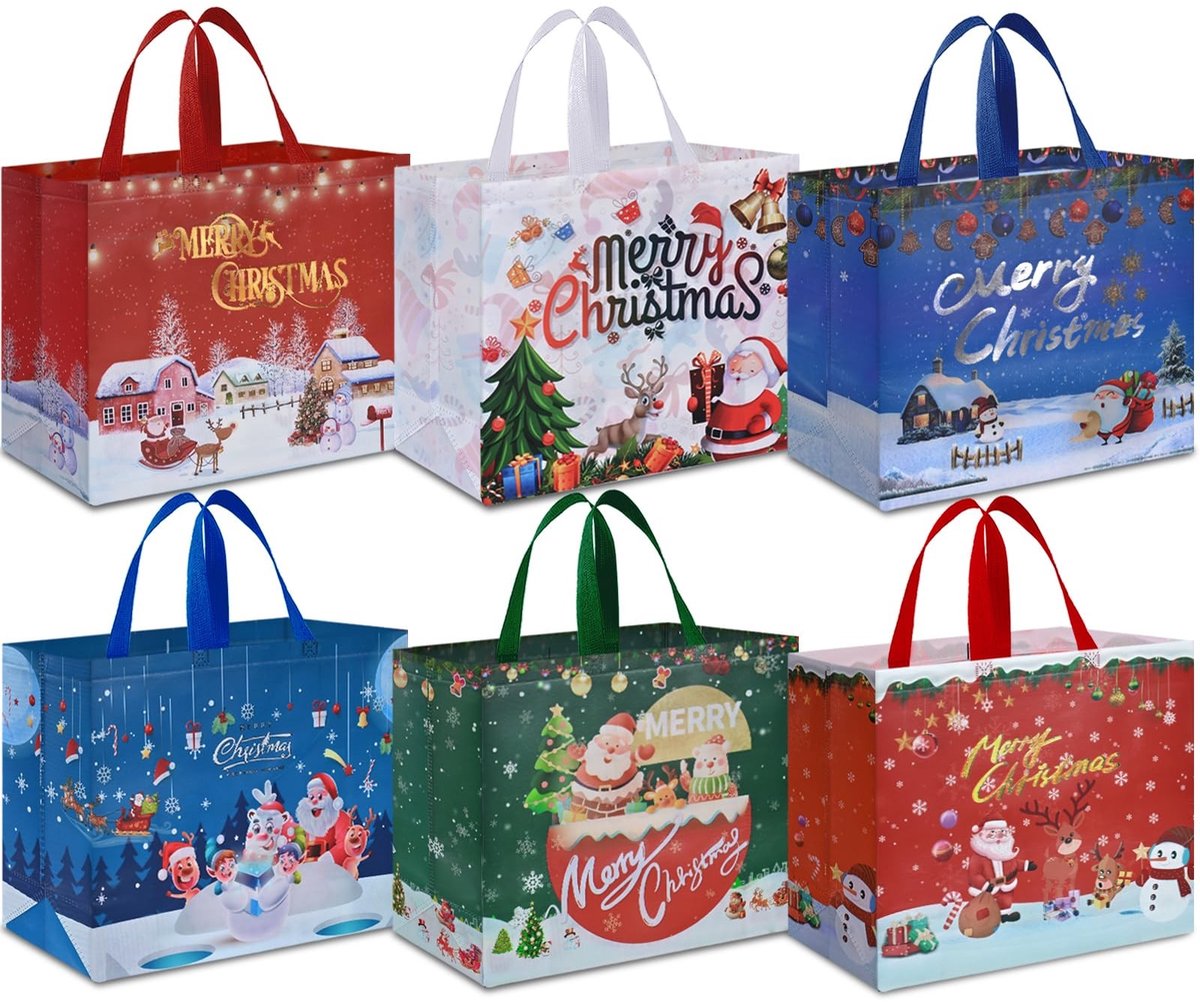 Omgoods - Kerst Cadeau Tassen, 6 Stuks Multifunctionele Nonwoven Kerst Tassen met Handvatten