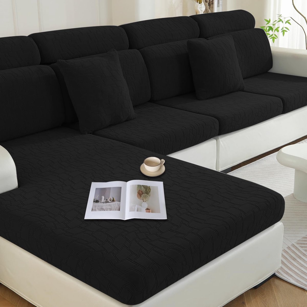 Omgoods - Universele Antislip Sofa Kussenhoes - Stretch Cover voor L-vormige Sofa - Zwart