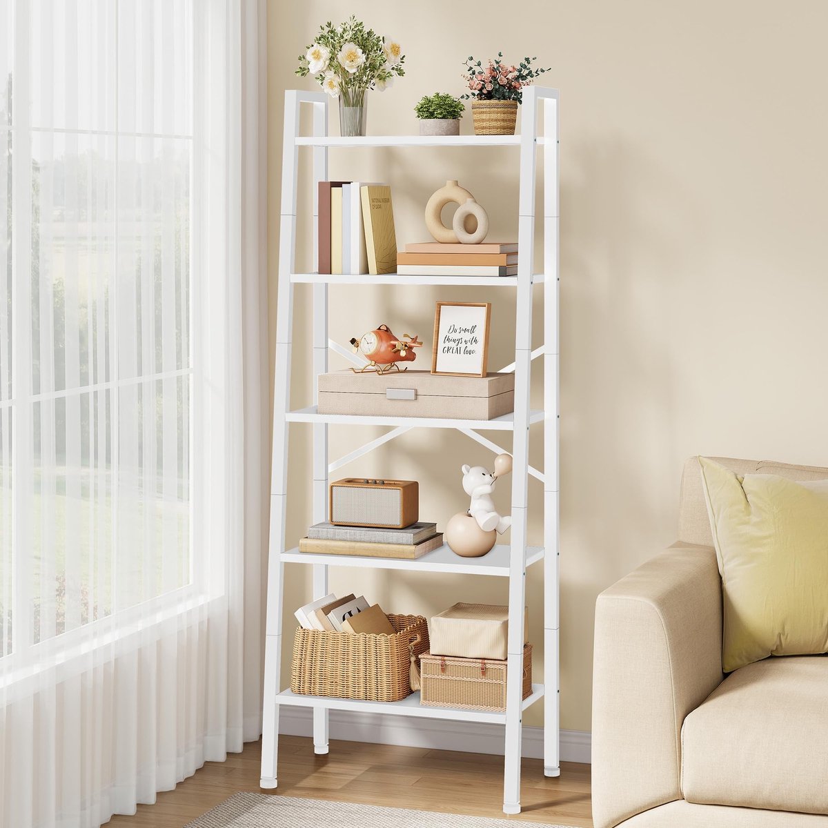 Omgoods - 5 Laags Industrieel Ladder Boekenkast - Smalle Open Plank voor Woonkamer en Kantoor