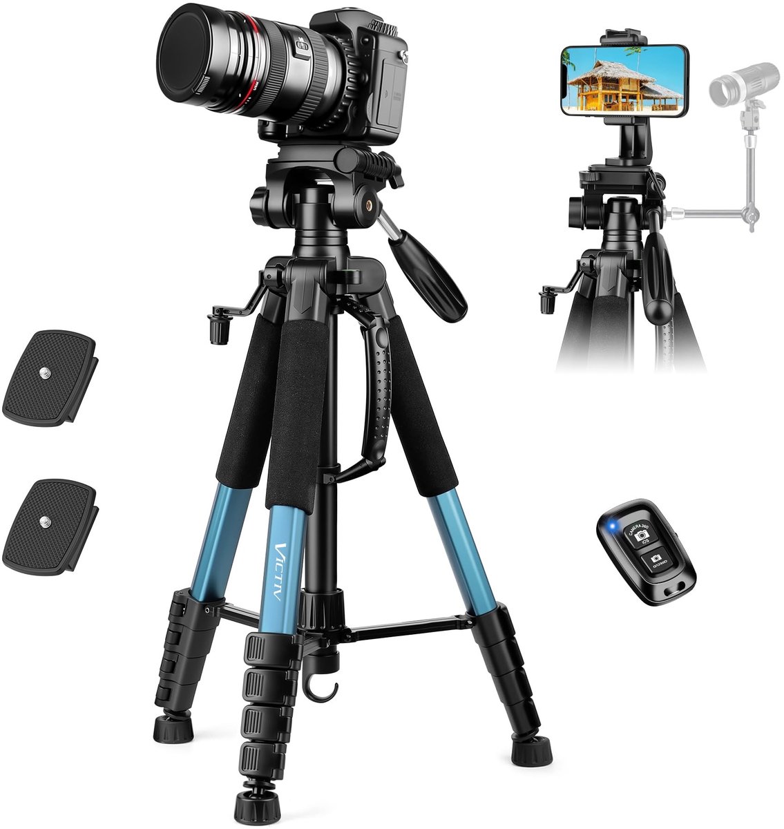 Omgoods - 188cm Camera Statief voor Canon, Sony, Nikon - Reisstatief met Afstandsbediening en Telefoonhouder
