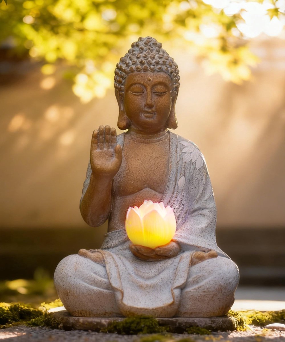 Omgoods - Buddha Beeld met Solar LED Lotus - Meditatie Tuin Decoratie 27 cm