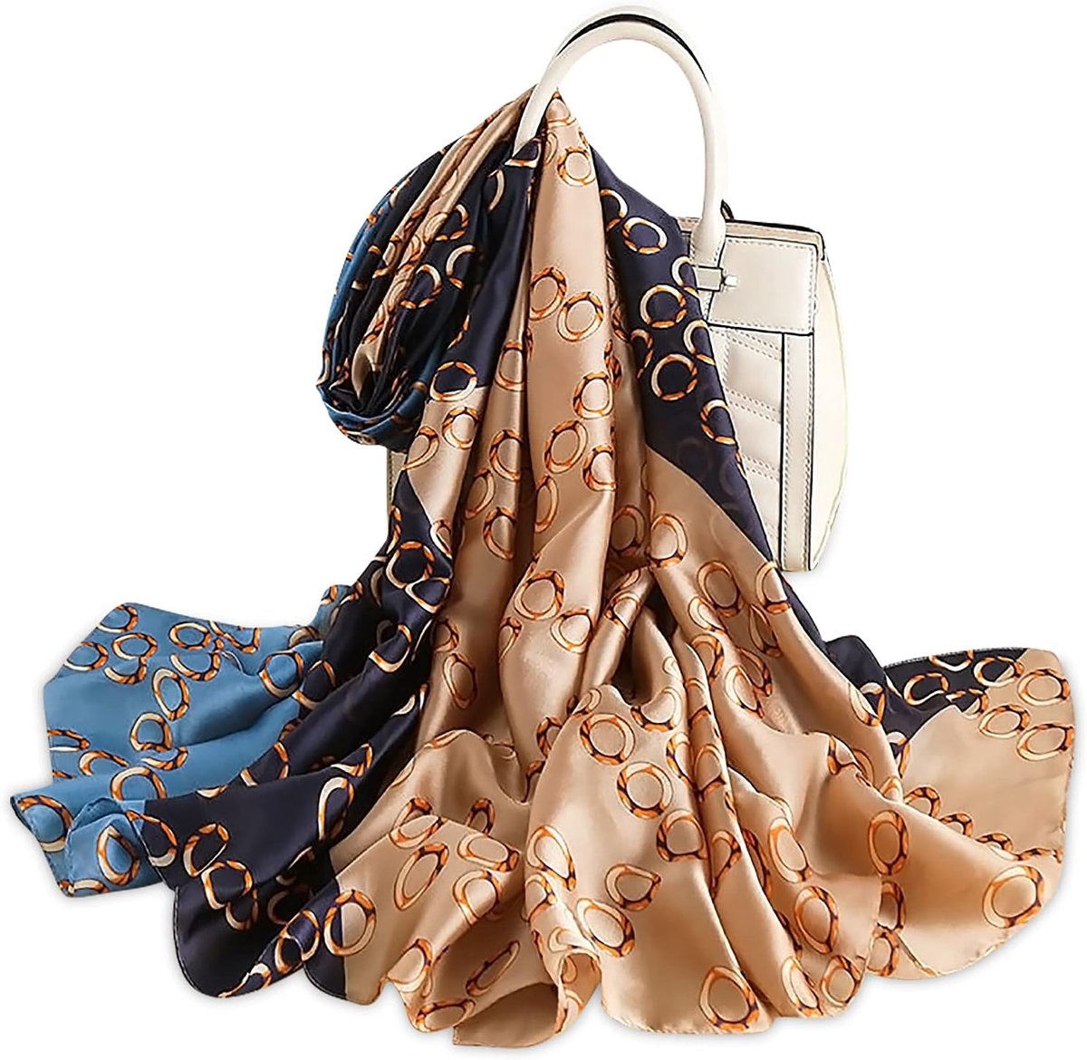 Zijden sjaal voor dames, modieus, bedrukt, elegante stijl, verlengde sjaal, zachte huidvriendelijke warme sjaal, zonnebrandcrème sjaal, het hele seizoen, Blauw Bruin, M