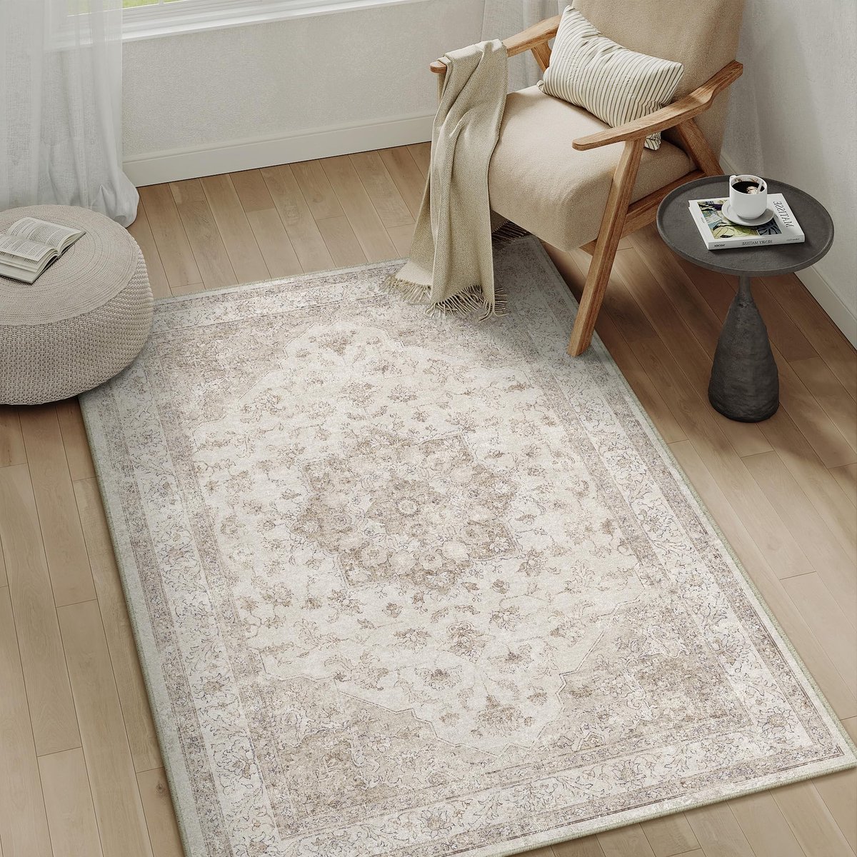 Omgoods - Slipvloerkleed Beige 80x150 cm - Vintage, Wasbaar en Niet-slip