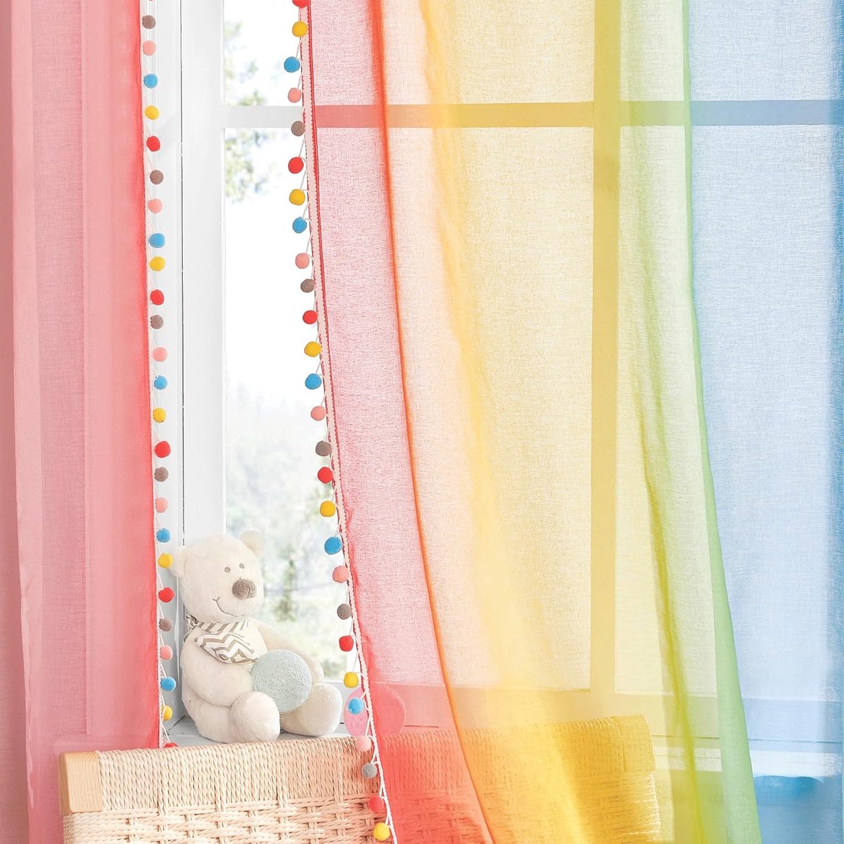 Sheer Woonkamer Gordijnen 2-Delig Gedecoreerd Kinderkamer Gordijnen en Sheers met Gekleurde Pompons Meisjes Slaapkamer Gordijnen, 132x220 cm(BxH)