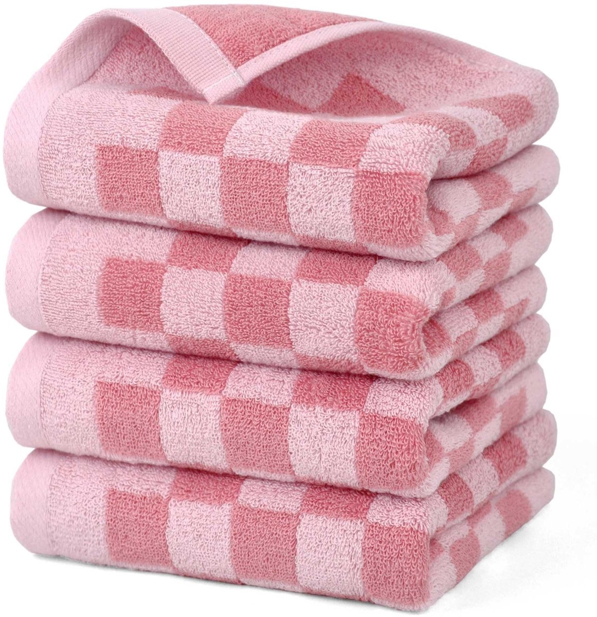 Omgoods - Set van 4 Zachte Katoenen Handdoeken met Roze Ruitpatroon