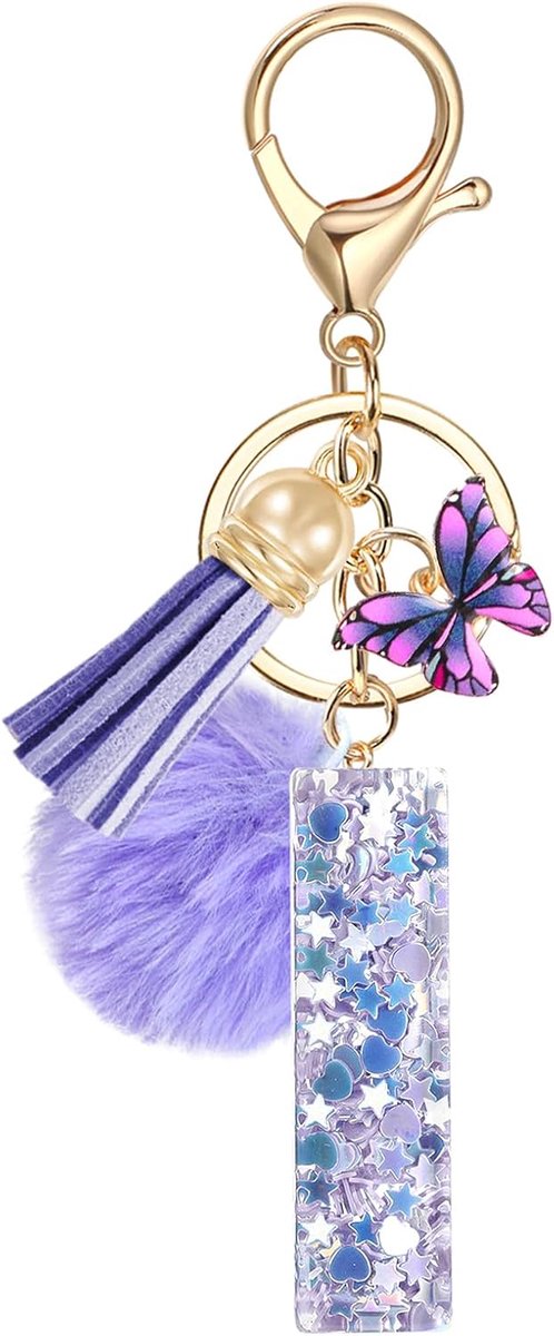 Initial Sleutelhanger Brief Rugzak Charm voor Meisjes Paars Vlinder Poms Gepersonaliseerde Naam Sleutelhanger