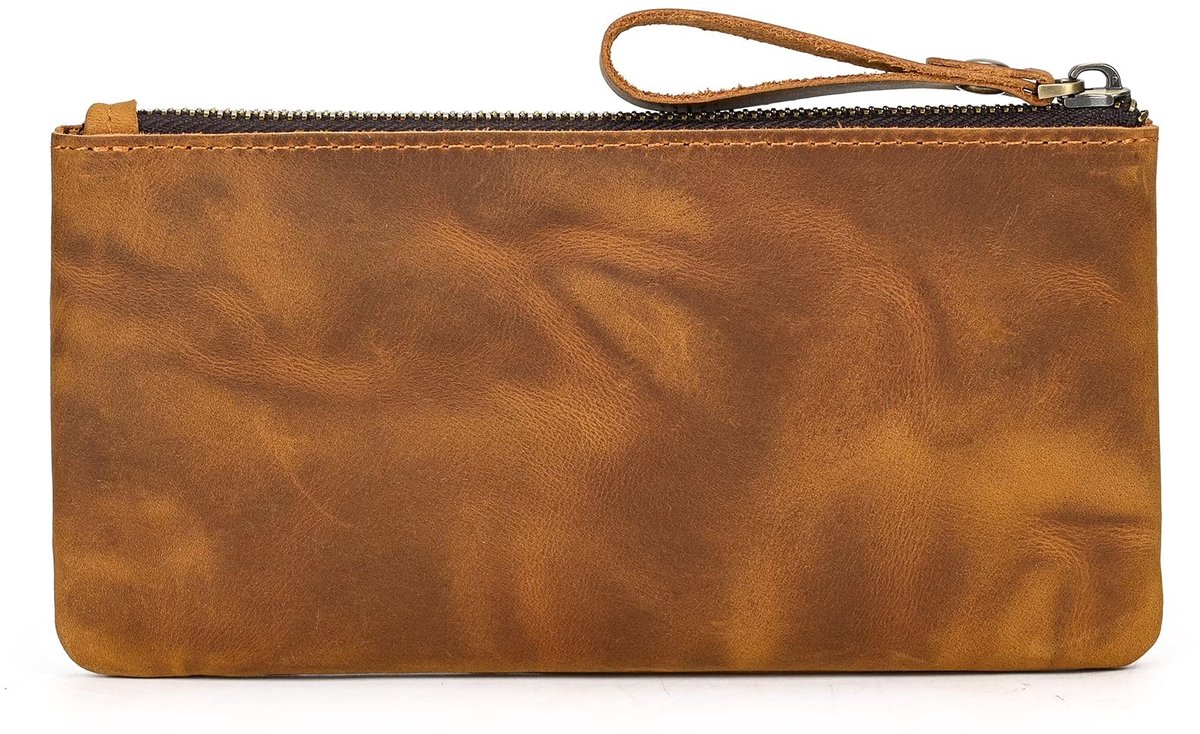 Omgoods - Handgemaakt Leren Pennen Etui met Rits en Sleutelhanger - Lichtbruin