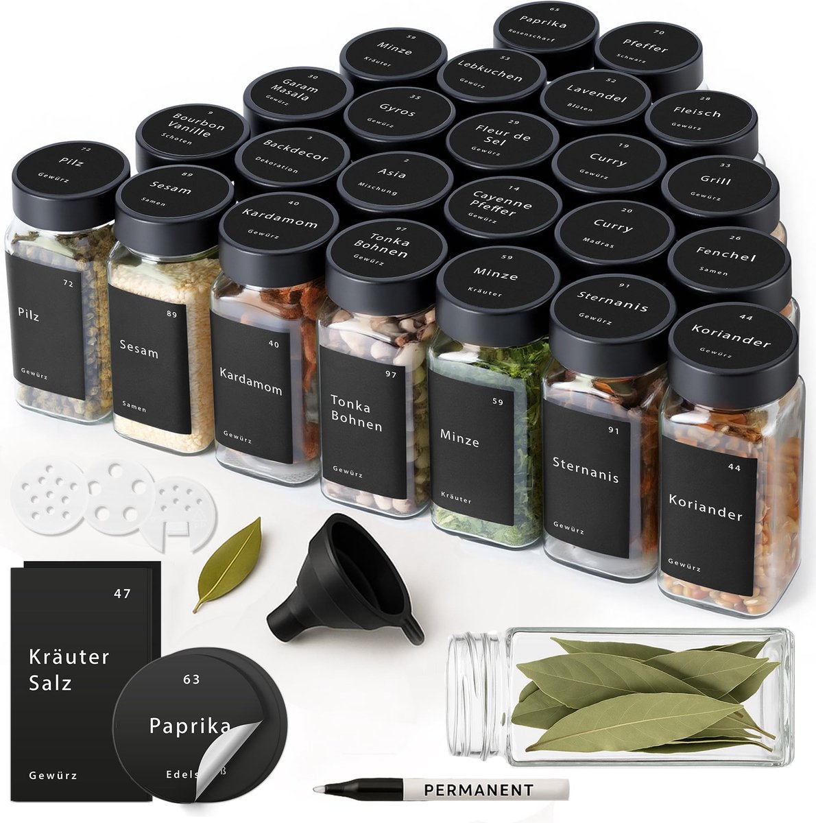 Omgoods - Set van 24 Specerijpotten met Labels en Bamboe Deksels - 120ml Potten met Accessoires