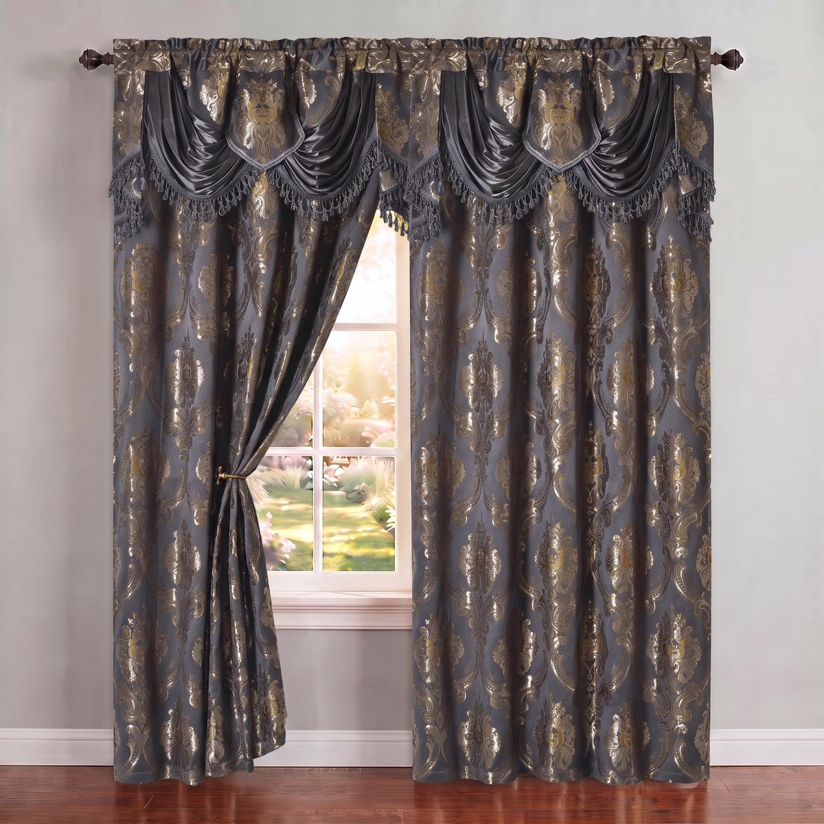 Omgoods - Luxury Love. Jacquard Gordijnen met Valance - Set van 2, Donkergrijs, 54" x 84"
