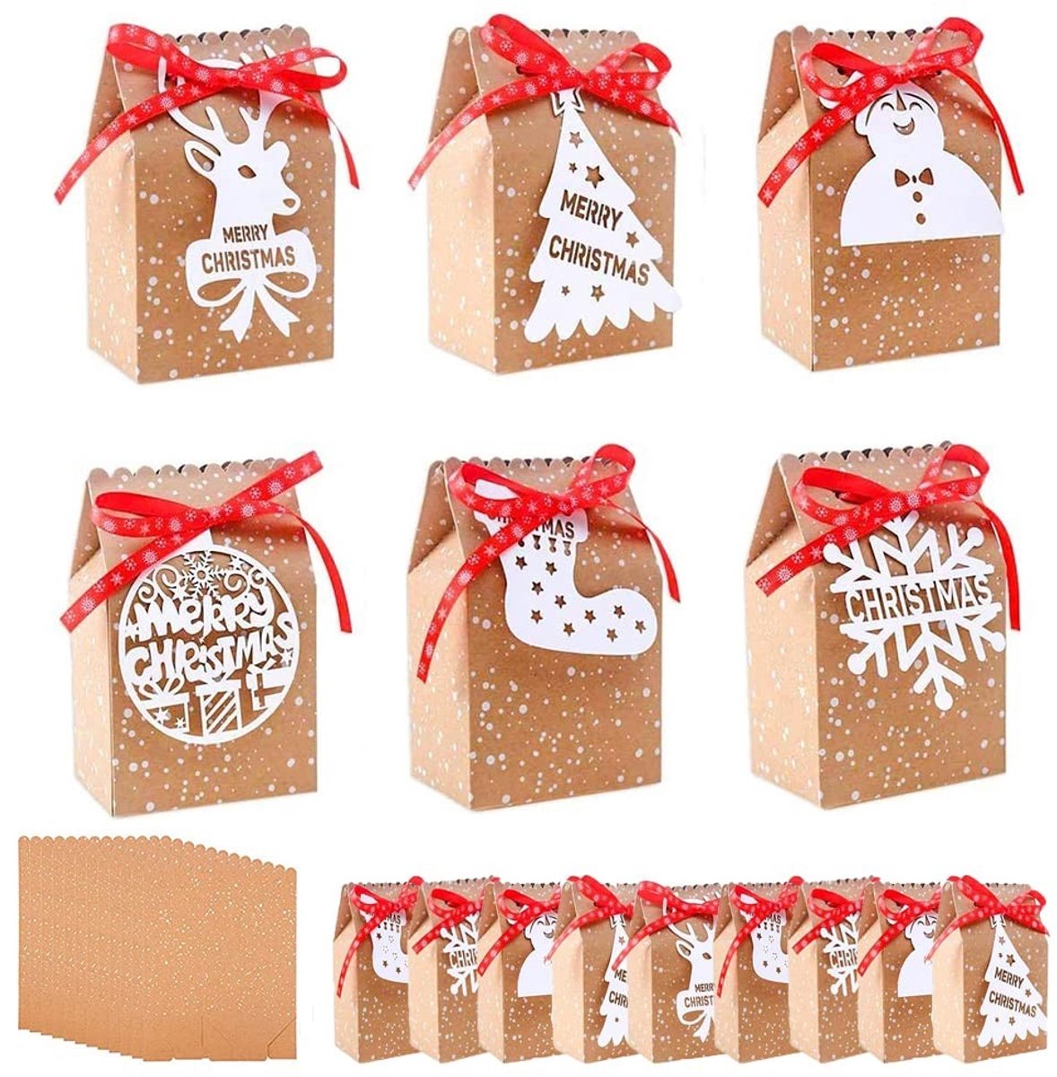 Omgoods - 24 Stuks Kerst Kraft Papier Cadeau Tassen met Tags en Ribbons