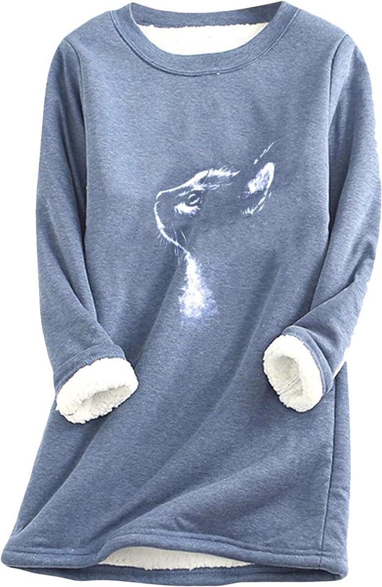 Pluche damestrui, warm, meerkleurig, voor in de winter, lange mouwen, trui met pussycat-patroon