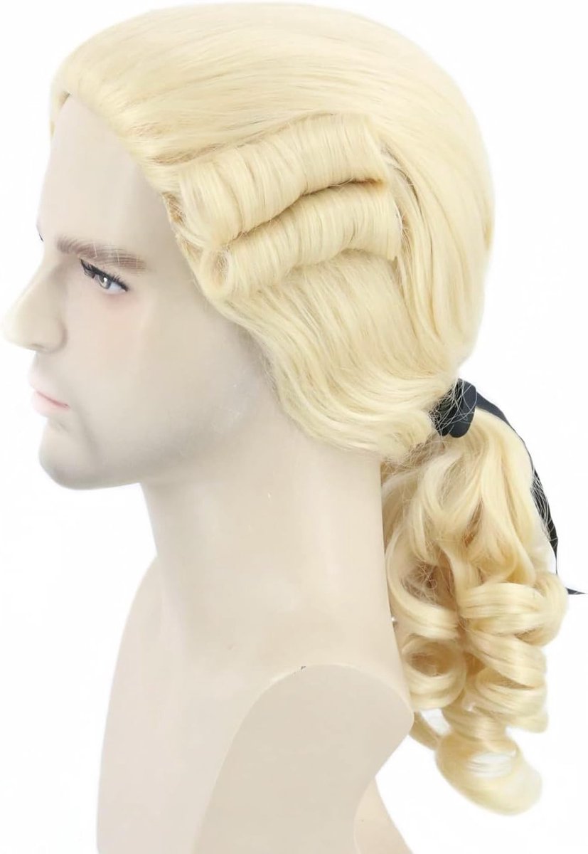 Barokke pruik voor heren, met vlecht, blond, rococo, krullend, marquis-pruik voor carnaval, Halloween