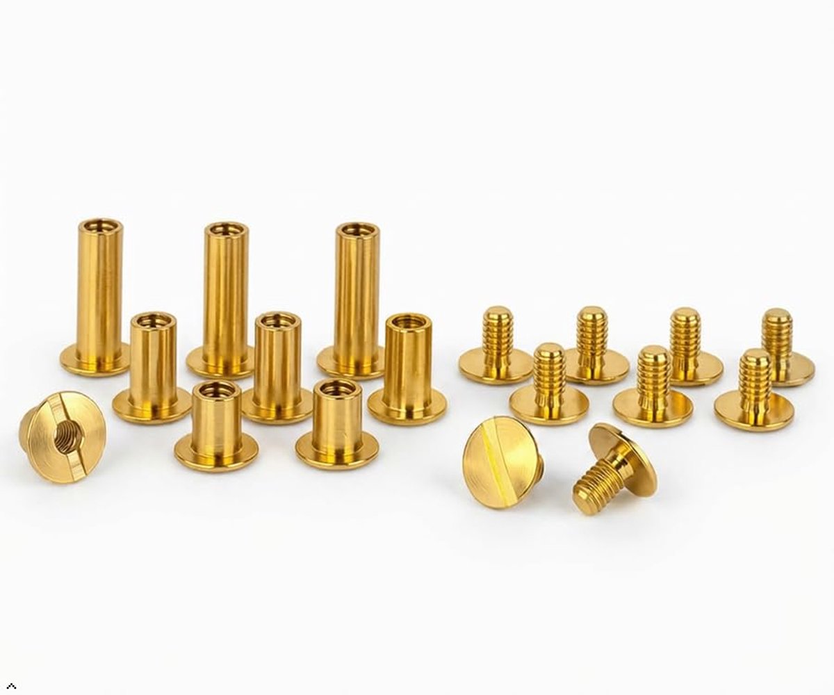 Schroeven 19 mm in messing boekbinderschroeven boekbinderschroeven klinknagels messing - Schroefklinknagels Chicagoschroeven met 5 mm schachtdiameter - boek klinknagels