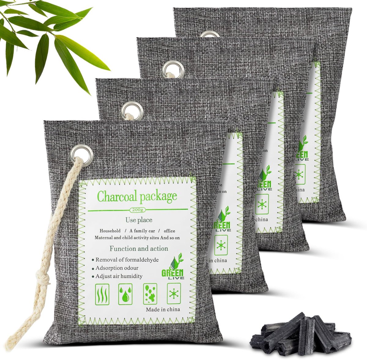 Omgoods- Bamboe Houtskoolzakken Set van 4 - Vochtabsorber - Luchtzuiverende Zakken - Geurabsorber - 200g - Duurzaam Materiaal - Luchtzuiveraar